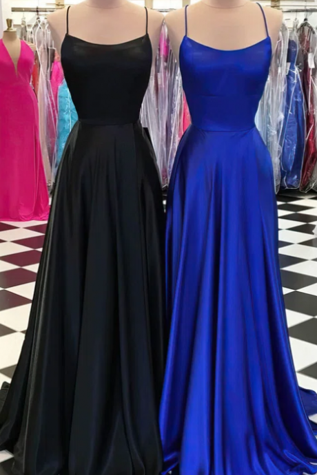 A-line Square Neckline Silk-like Satin Sweep Train Prom Dresses