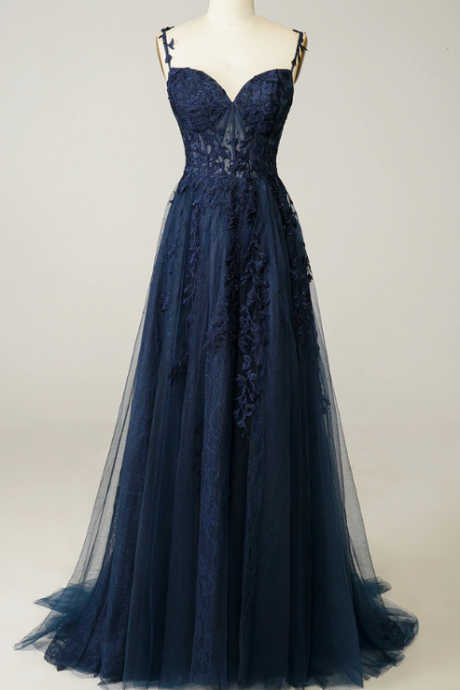A Line Spaghetti Straps Navy Prom Dress With Appliques