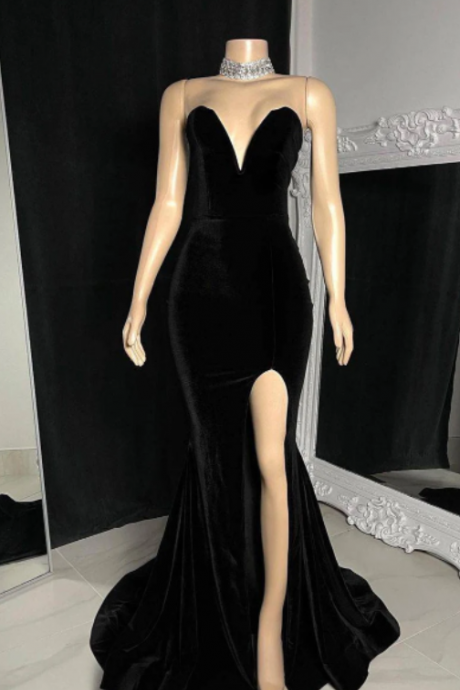 Black Velvet Prom Dress, Sleeveless Deep V Prom Gown, Wedding Reception Dress, Party Gown For Women, Bridal Dresses, Party Gown, Dinner Wear