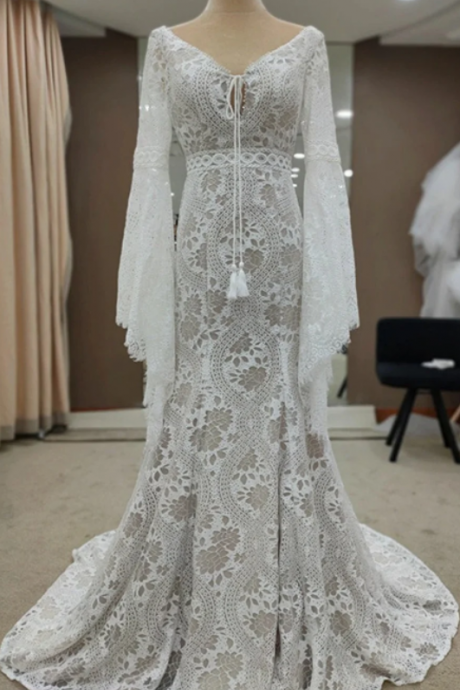 Lace Mermaid Wedding Dress | Long Flared Sleeve | V-neck | Small Train | Backless | Bohemian Wedding Dress