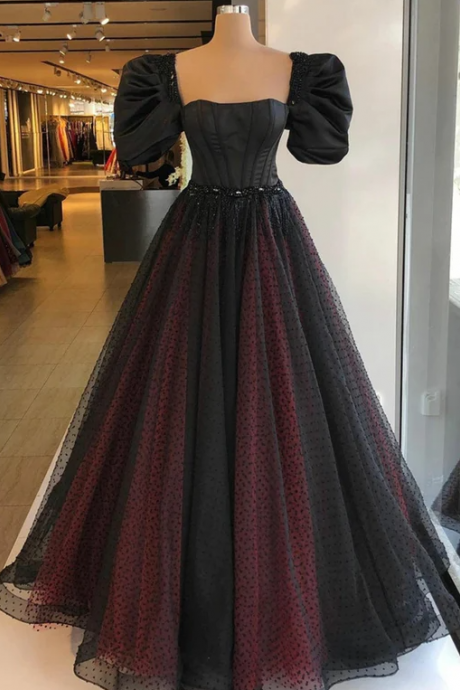 Black &amp;amp; Burgundy Dotted Tulle Prom Dress, Puffy Sleeves Square Neckline Dress, Beading Evening Dress, Corset Evening Gown, Plus Size