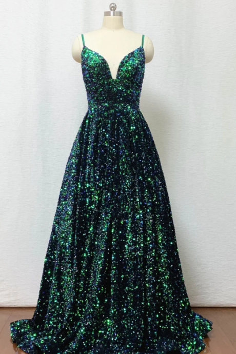 Sequin Prom Dress 2023 Ball Gown Forest Green Long Evening Dress