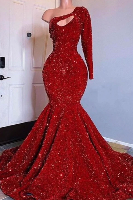 Red mermaid sequins prom dress,wedding reception gown, Christmas dress,shimmery dresses, bridal dresses, African women party dresses