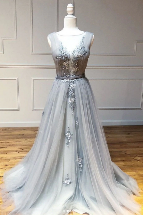 prom Dresses,A Line Round Neck Appliques Tulle Long Prom Dress Evening Dress