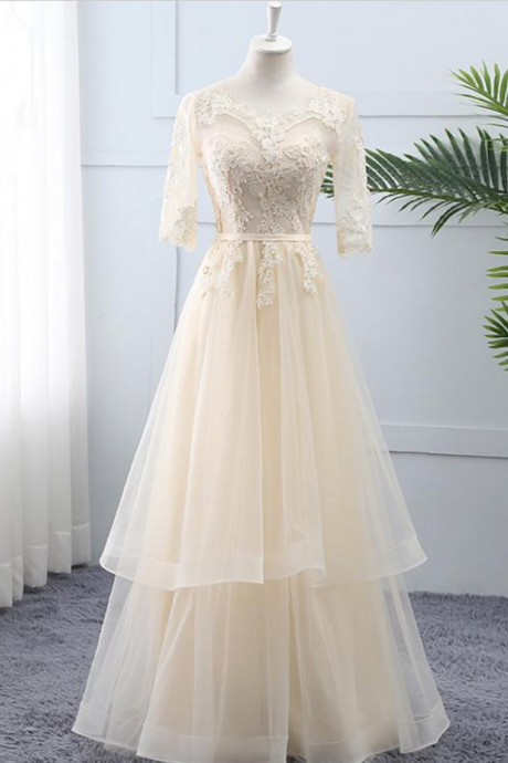 Prom Dresses,tulle Lace Short Sleeves Wedding Party Dress, A-line Long Formal Dress Prom Dress