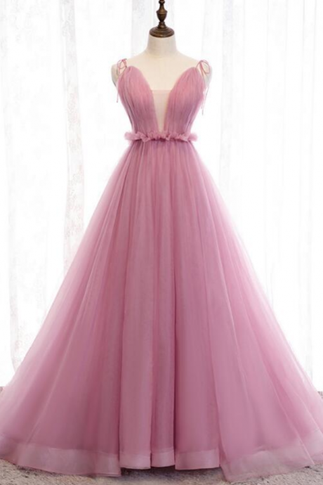 Prom Dresses,v-neckline Straps Tulle Long Evening Dress, Prom Dress