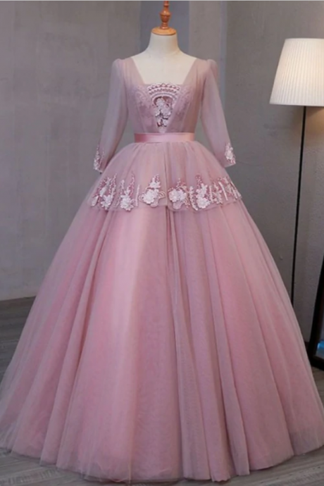 prom Dresses,V-Neckline Ball Gown Lace Applique Sweet Prom Dress Party Dress