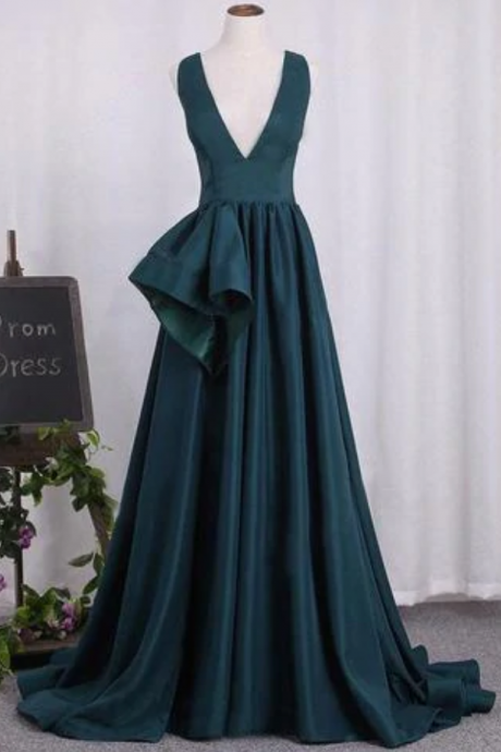 prom Dresses,A-LINE SLEEVELESS V-NECK SATIN LONG PROM DRESSES 
