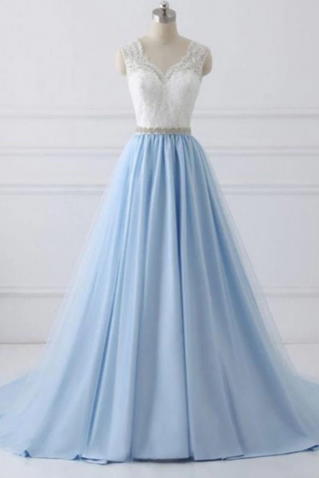prom Dresses,V-neck Lace Appliques Bodice Long Prom Dresses,Elegant Prom Dress