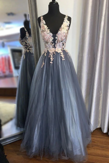 Prom Dresses,long Prom Dress With Lace Appliques, Floral Smoke Formal Graduation Evening Dress