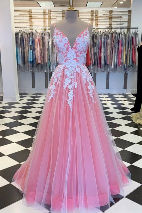 Prom Dresses,a Line V Neck Long Prom Dress With Lace Appliques, V Neck Formal Dress, Evening Dress