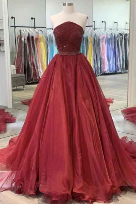 prom Dresses,tulle beads long A line prom dress evening dress 