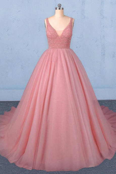 prom Dresses,Ball Gown V Neck Tulle Prom Dress with Beads, Puffy Sleeveless Quinceanera Dresses 