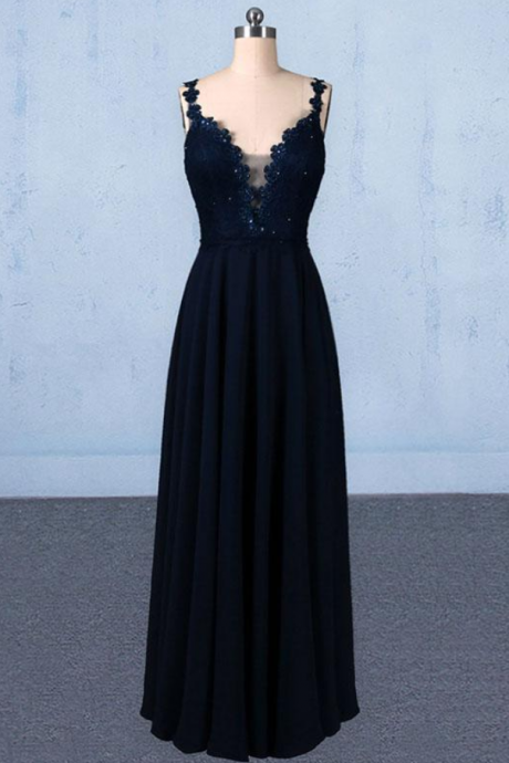 Prom Dresses,straps Floor Length Evening Dresses, Long Chiffon Prom Dress With Lace
