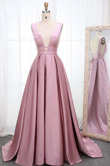 Prom Dresses,simple V Neck Sleeveless Long Prom Dress, A Line Ruched Long Evening Dresses