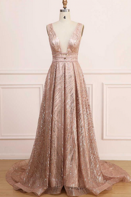 Prom Dresses,a Line Deep V Neck Long Prom Dress With Sequins, Glitter Sleeveless Evening Dress