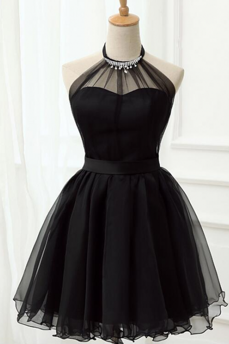 Cute Black Tulle Halter Short Homecoming Dress, Black Prom Dress