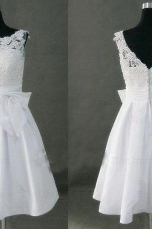 High Neck Princess White Lace Bodice Taffeta Skirt ,short Wedding Dress V Back Bow Mini Length Bridal Wedding ,gowns Off The Shoulder Open Back