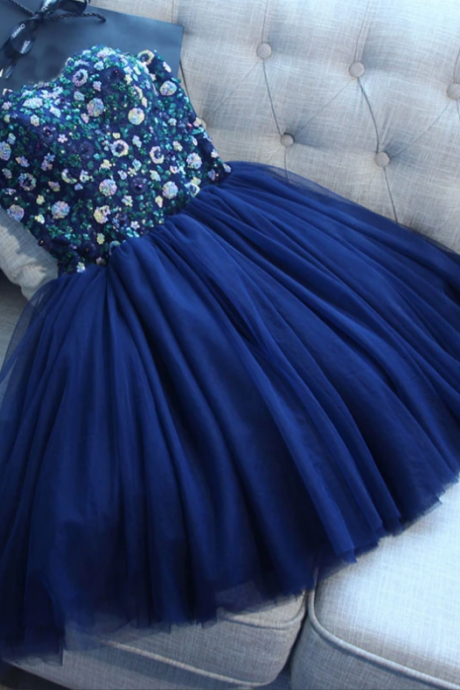 Tulle Sequins Short A Line Prom Dress, Charming Homecoming Dresses