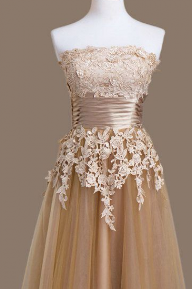 Prom Dress,a-line Lace Appliques Prom Dresses,strapless Tulle Homecoming Dress, Evening Dress