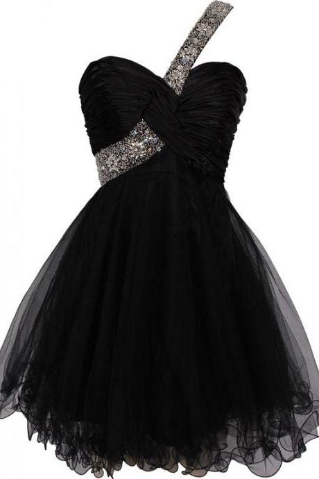 Sexy One Shoulder Homecoming Dress, Beaded Straps Black Prom Dress, Formal Gown , Prom Dresses For Teens Juniors