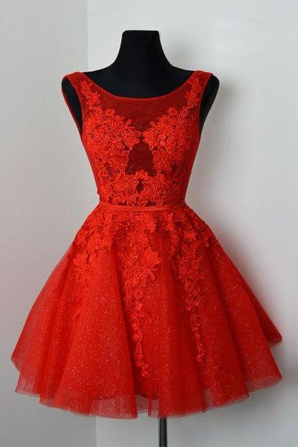 Red Tulle With Lace Round Neckline Low Back Party Dress, Red Evening Dress Party Dress,homecoming Dresses