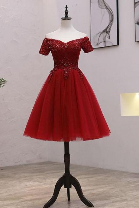 Beautiful Off Shoulder Short Tulle With Lace Party Dress, Short Red Homecoming Dresses
