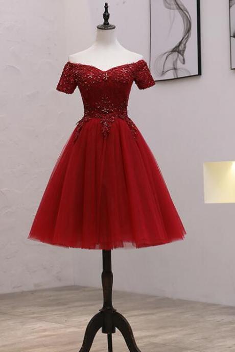 Cute Short Tulle With Lace Party Dress, Burgundy Homecoming Dress