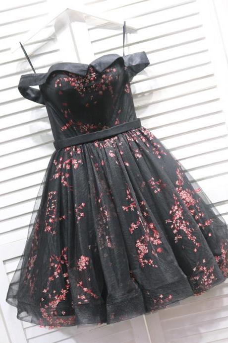 Black Floral Off Shoulder Homecoming Dress, Cute Party Dress