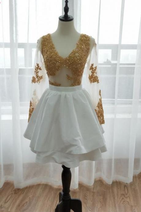 Long Sleeves Backless Short Homecoming Dress, Lace Applique Party Dress