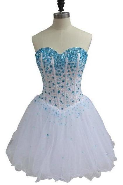 Cute White Crystals Lace Up Tulle Homecoming Dress, Short Party Dress