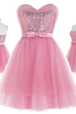 Lovely Pink Short Tulle And Sequins Homecoming Dress With Bow, Sweetheart Homecoming Dresses,short Homecoming Dress