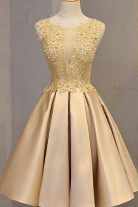 Gold Satin And Lace Short Homecoming Dresses, Charming Prom Dresses, Floral Lace Party Dresses