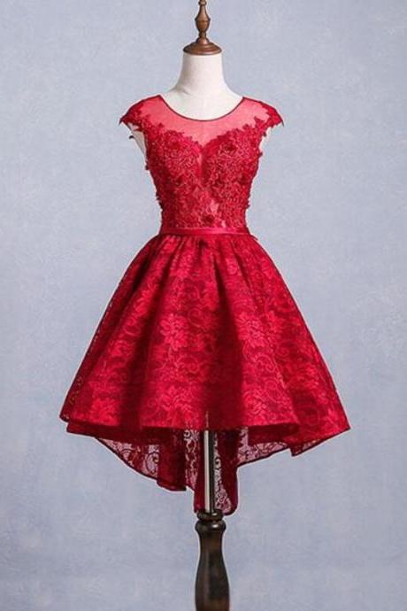 Lovely Red Lace High Low Short Prom Dresses, Red Prom Dresses, Cute Formal Dresses
