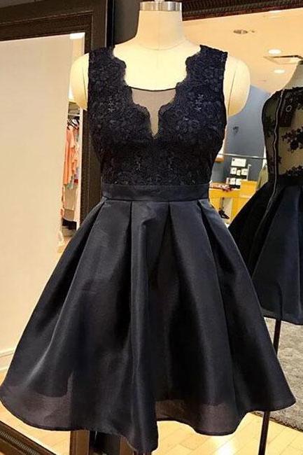 Cute Black Short Lace Applique Party Dresses, Black Homecoming Dresses, Prom Dresses