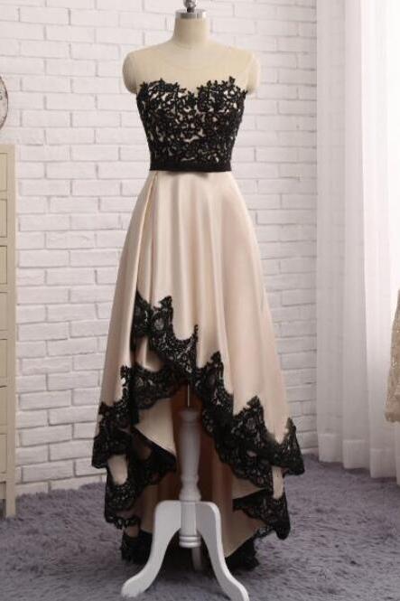 High Low Champagne Party Dress With Lace, Homecoming Dresses, Adorable Party Dresses