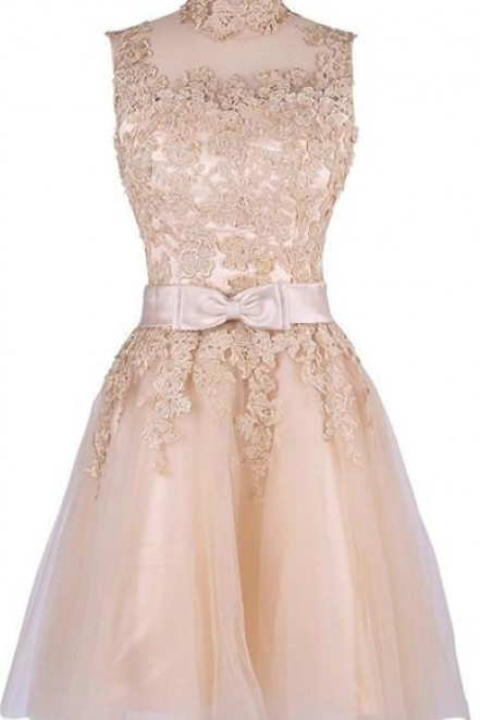 Cute Light Champagne Round Neckline Short Homecoming Dresses, Prom Dresses, Lovely Party Dresses