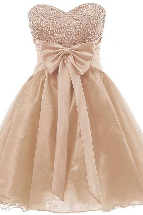 Lovely Organza Champagne Short Junior Prom Dresses, Sparkly Homecoming Dresses, Cute Formal Dresses