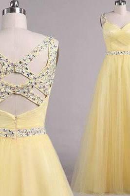 Cross Back Prom Dresses, Prom Dresses,Yellow Prom Gown, evening Dresses