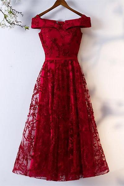 Red Lace Off Shoulder Short Party Dress, Formal Dress, Homecoming Dresses