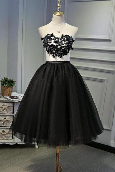 Black Tea Length Round Neckline Tulle Party Dress, Black Homecoming Dress