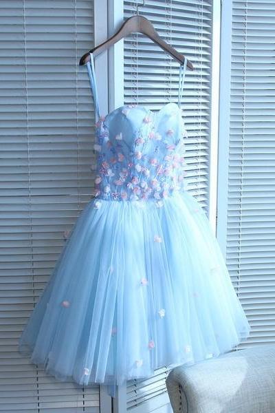 Light Blue Sweetheart Short Party Dress, Blue Flowers Homecoming Dress