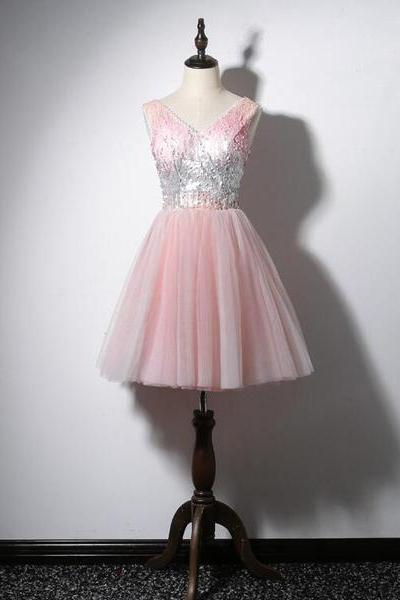 Lovely Pink V-neckline Tulle And Sequins Party Dress, Pink Prom Dress