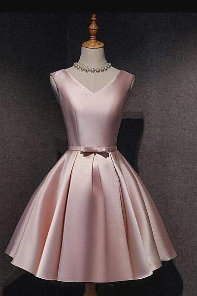 Lovely Dark Pink Short Satin V-neckline Party Dress, Pink Homecoming Dress