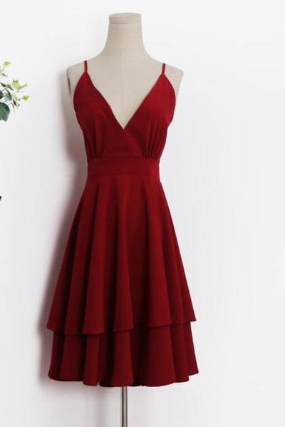 Beautiful Dark Red V-neckline Chiffon Layers Women Dresses