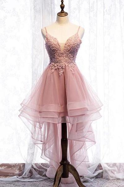 Straps Pink Homecoming Dress, High Low Party Dress, Homecoming Dress