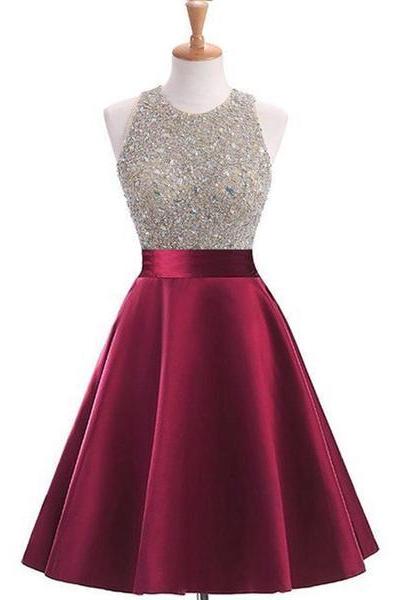 Fashion Knee-length Open Back Satin Homecoming Dress With Beading, Short Party Dress