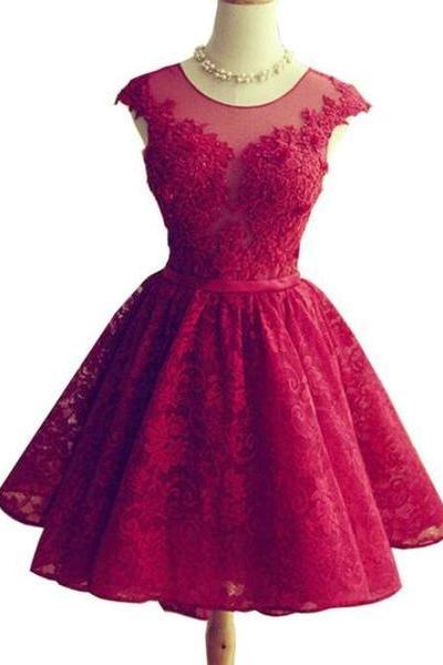 Wine Red Lace Knee Length Round Neckline Party Dress, Cute Homecoming Dresses