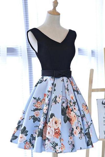Cute Floral And Black Satin Homecoming Dresses In Stock, Lovely Party Dresses For Teens
