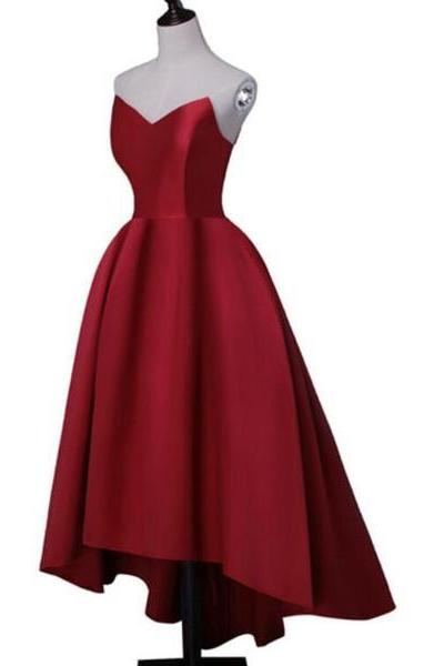Red Sweetheart High Low Satin Party Dress, Red Formal Dresses, Red Party Dresses